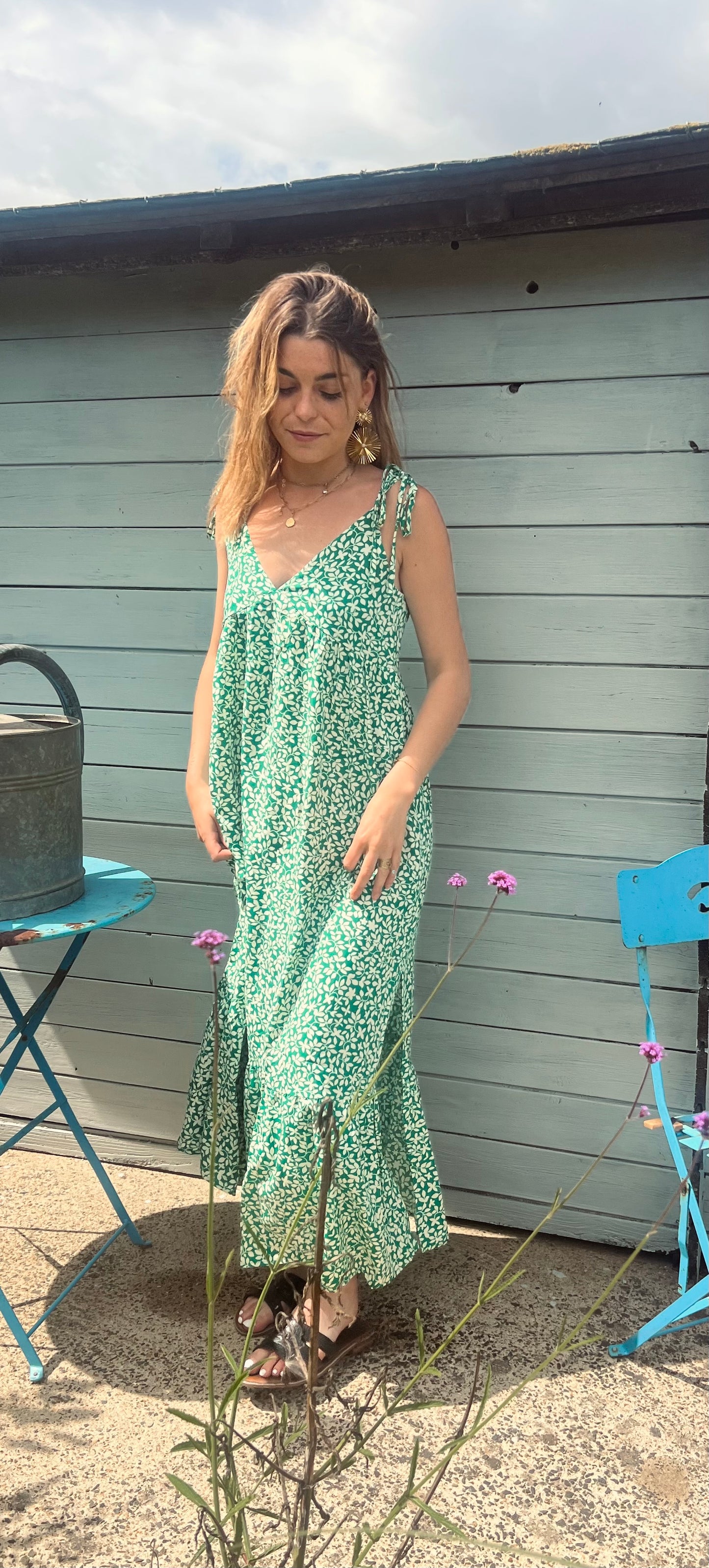 Robe longue à bretelle imprimé verte